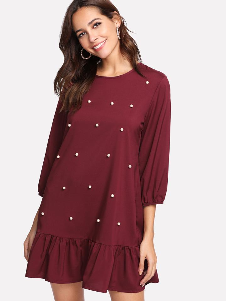 Romwe Faux Pearl Contrast Ruffle Hem Dress
