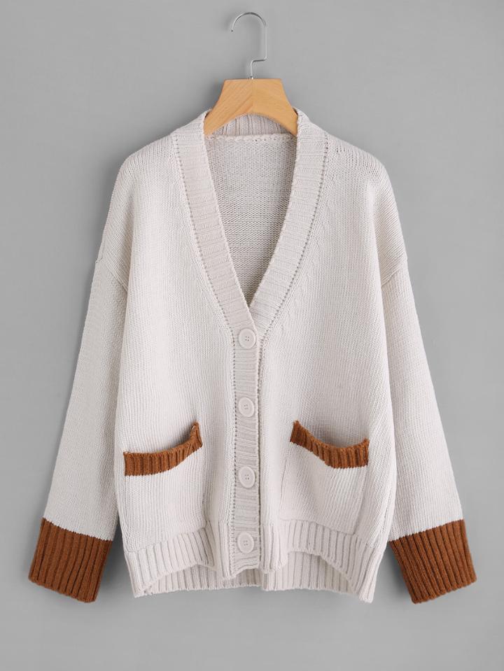 Romwe Drop Shoulder Contrast Trim Single Breasted Cardigan Sweater