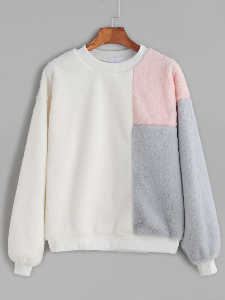 Romwe Ivory Contrast Dropped Shoulder Seam Fuzzy Sweatshirt