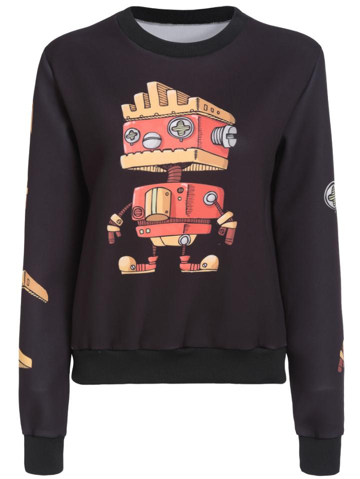 Romwe Round Neck Robot Print Sweatshirt