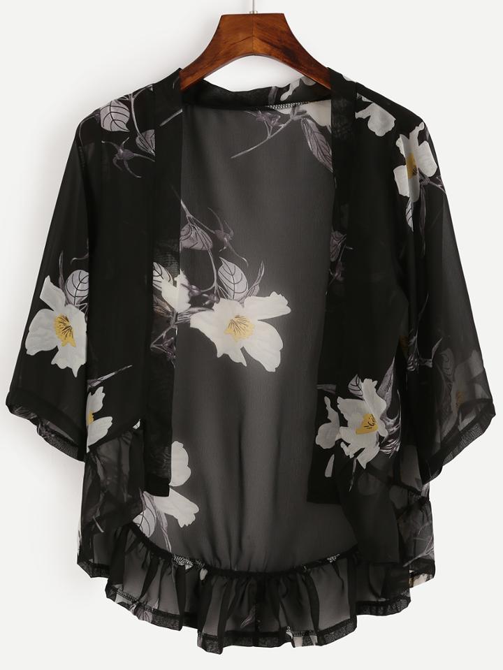 Romwe Black Flower Print Ruffled Hem Open Front Blouse