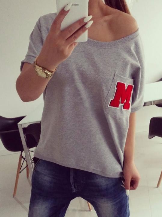 Romwe Grey Pocket Letter Patch T-shirt