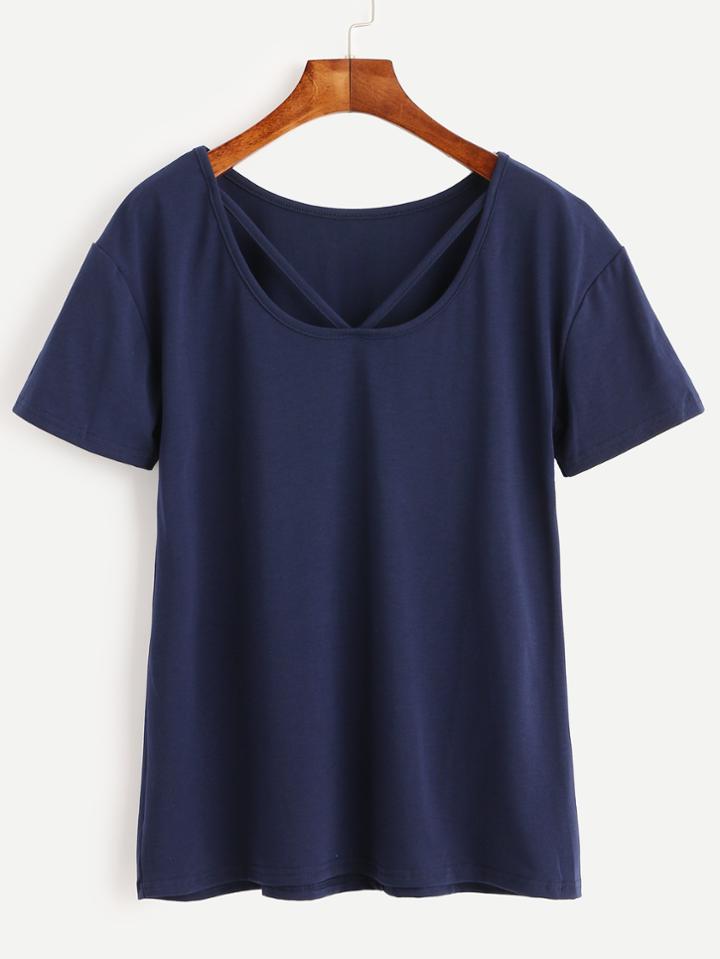 Romwe Blue Cut Out Neck T-shirt