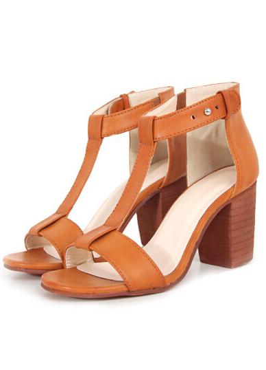 Romwe Brown Chunky High Heel T Sandals