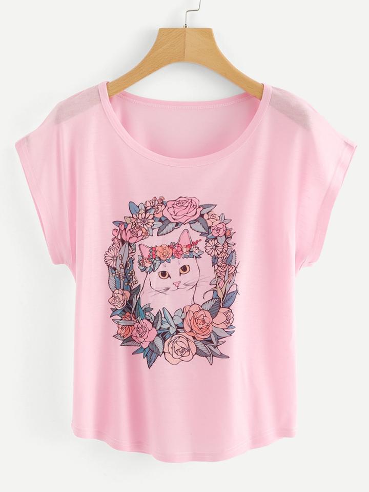 Romwe Cat Pattern Tee