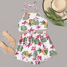 Romwe Pineapple & Floral Print Tie Back Halter Top With Shorts
