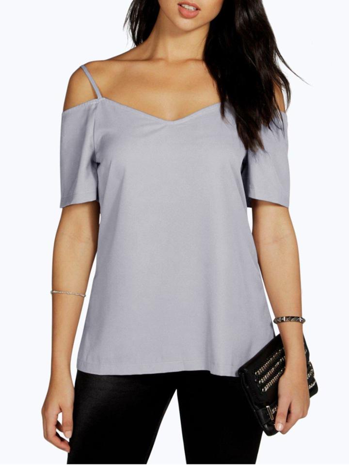 Romwe Grey Cold Shoulder Shirt