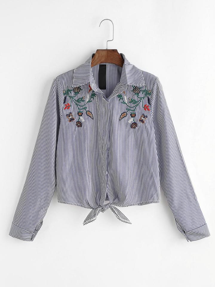 Romwe Black Vertical Striped Knot Front Embroidered Blouse