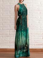 Romwe Halter Firefly Print Maxi Green Dress