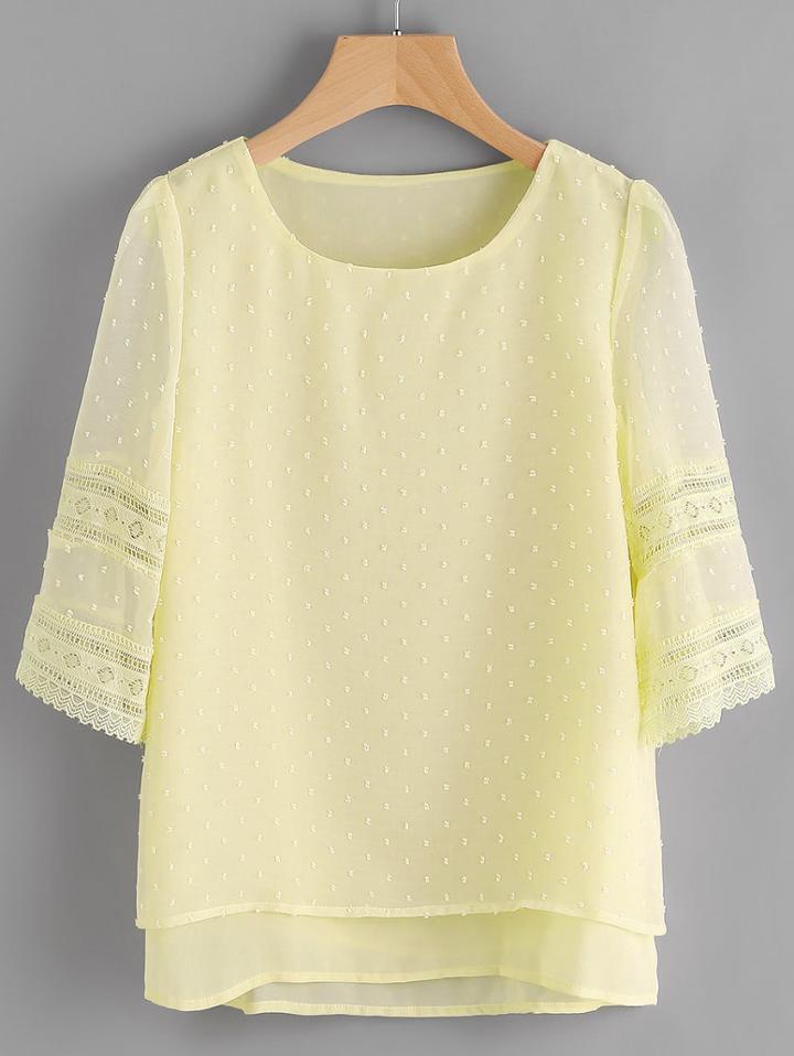 Romwe Hollow Out Lace Insert Dobby Chiffon Overlay Blouse