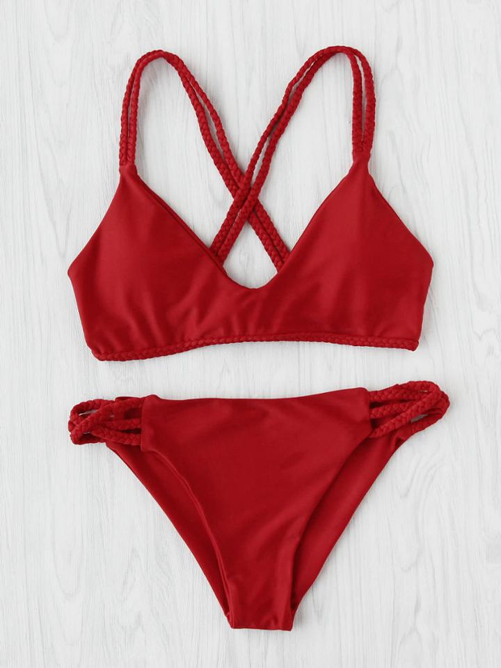 Romwe Braided Design Cross Back Bikini Set