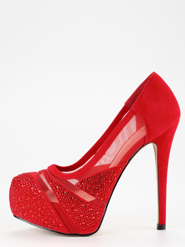 Romwe Red Faux Suede Mesh Panel Platform Heels