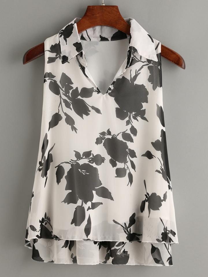 Romwe White Flower Print Pointed Collar Chiffon Top