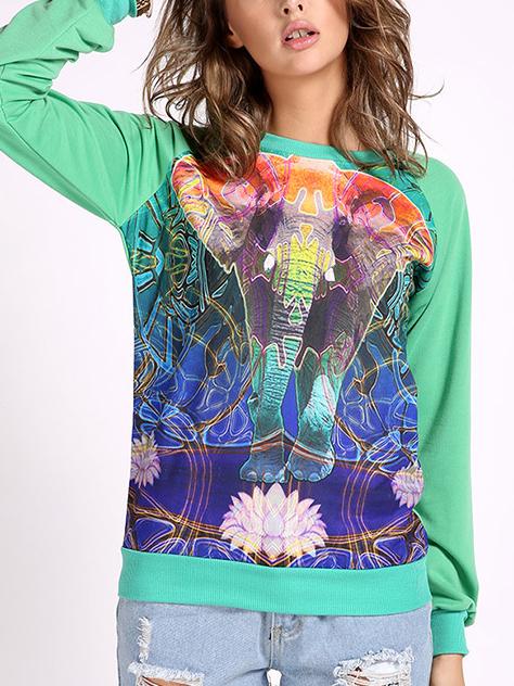 Romwe Round Neck Elephant Print Sweatshirt