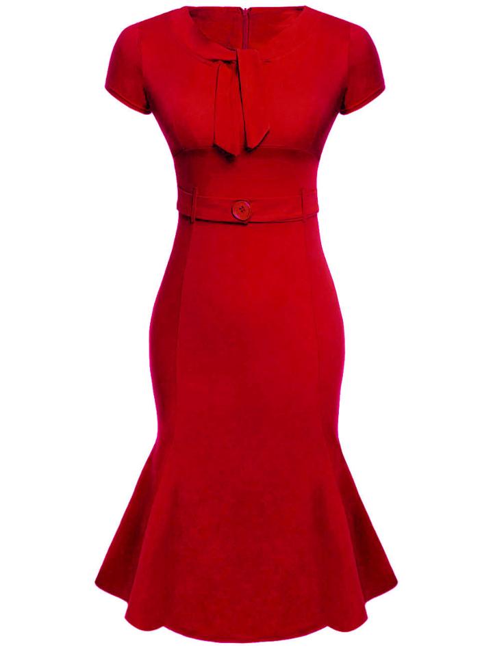 Romwe Tie-neck Buttoned Strap Waist Fishtail Dress