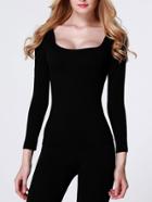 Romwe Square Neck Slim Black T-shirt