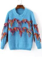 Romwe Tassel Fuzzy Blue Sweater
