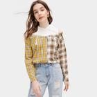 Romwe Plaid Panel Cold Shoulder Drawstring Hooded Blouse