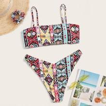 Romwe Random Graphic Print High Leg Bikini Set With Hair Tie