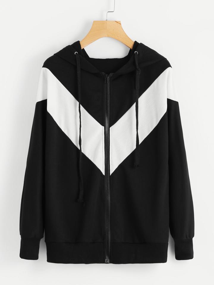 Romwe Chevron Hooded Zip Up Jacket