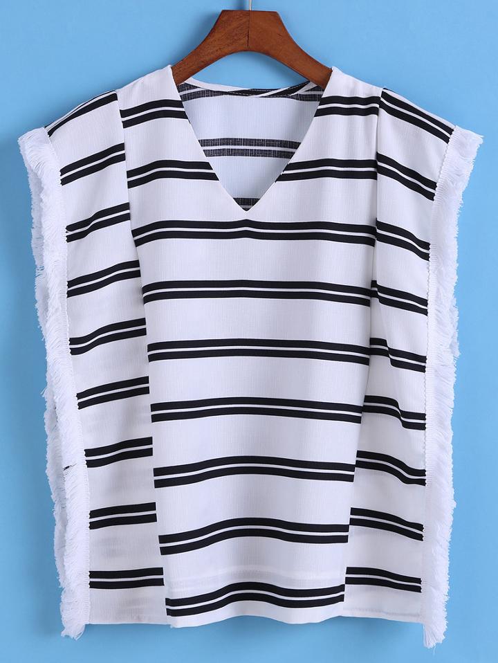 Romwe V Neck Fringe Striped Top