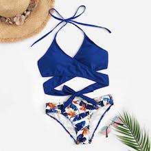 Romwe Wrap Halter Top With Ramdom Leaf Bikini Set