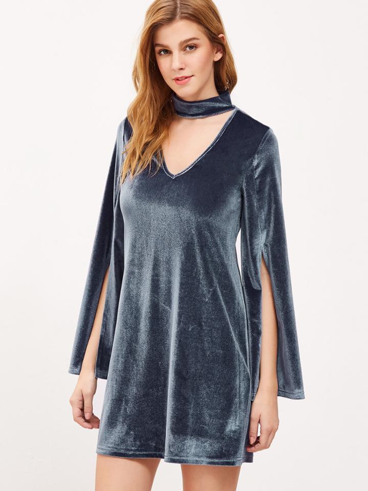 Romwe Navy Choker Neck Slit Bell Sleeve Velvet Dress