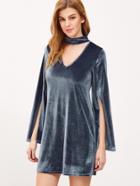 Romwe Navy Choker Neck Slit Bell Sleeve Velvet Dress