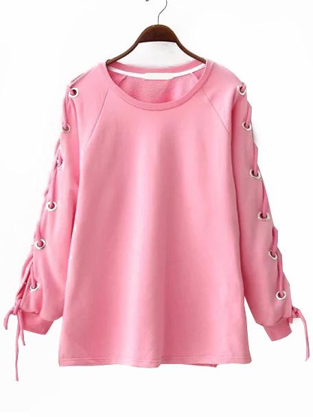 Romwe Raglan Sleeve Split Side Eyelet Lace Up Sweatshirt