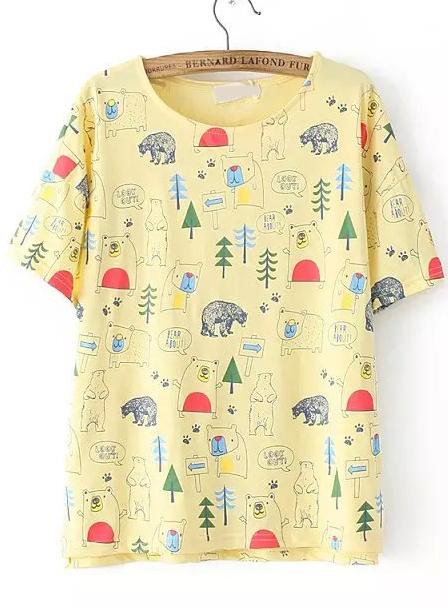 Romwe Forest Print Yellow T-shirt
