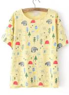 Romwe Forest Print Yellow T-shirt