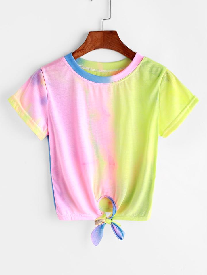 Romwe Water Color Tie Front Tee