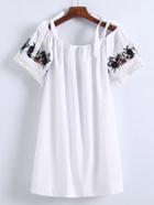 Romwe Contrast Lace Bow Tie Shoulder Embroidery Dress