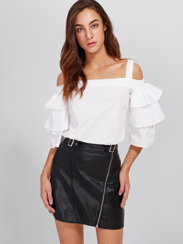 Romwe Open Shoulder Tiered Ruffle Sleeve Top