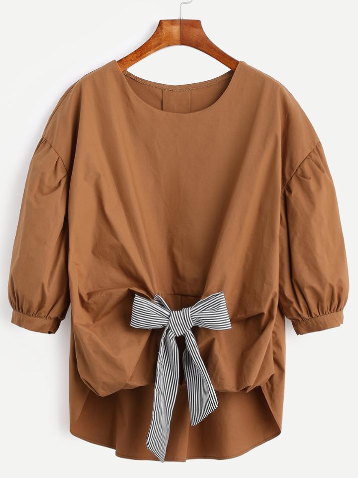 Romwe Brown Lantern Sleeve Tie Bow Front Dip Hem Blouse