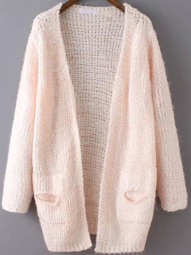 Romwe Open-knit Shaggy Pockets Pink Cardigan