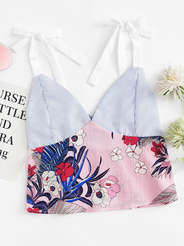Romwe Floral Print Striped Cami Top
