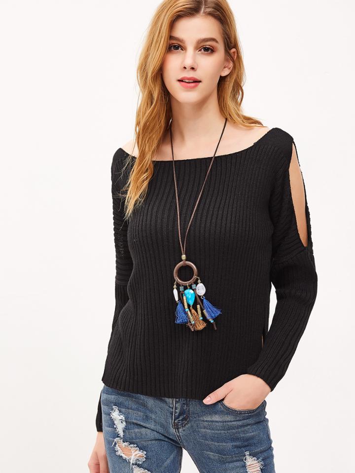 Romwe Drop Shoulder Cutout Shoulder Slit Ribbed Knit Sweater
