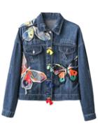 Romwe Blue Butterfly Embroided Denim Jacket