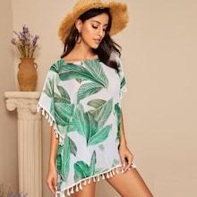 Romwe Tassel Hem Tropical Print Cover Up Top