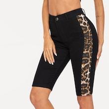 Romwe Leopard Panel Side Skinny Denim Shorts