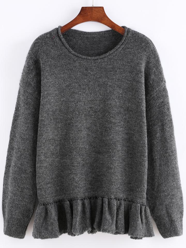 Romwe Long Sleeve Ruffle Hem Sweater