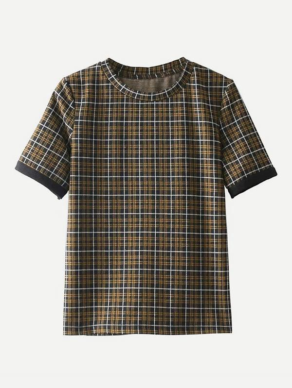 Romwe Tartan Plaid T-shirt