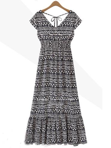 Romwe Tie-back Ruffled Hem Tribal Print Dress