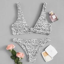 Romwe Knot Front Dot Print Bikini Set