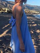 Romwe Blue Spaghetti Strap Bow Embellished Chiffon Dress