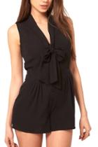 Romwe V Neck Self-tie Black Playsuit