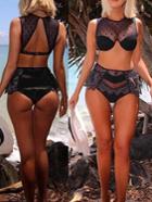Romwe Mesh Panel Lace Trimmed Bikini Set