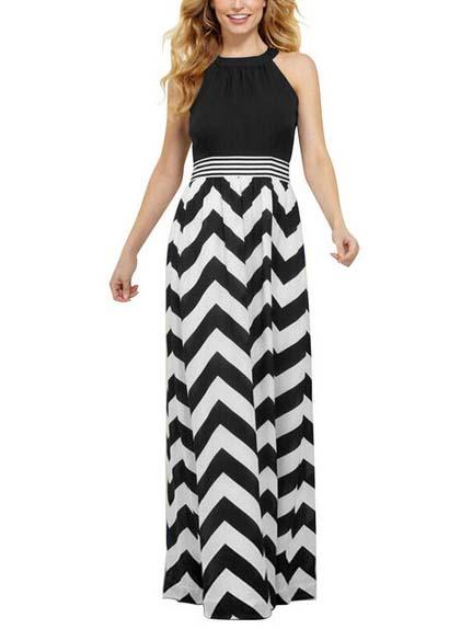 Romwe Halter Neck Chevron Print Maxi Dress