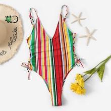 Romwe Striped Low Back Tie Side One Piece Swimsuit